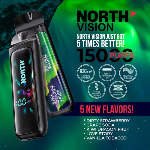 North Vision 15K Puffs 15ML Disposable Device With Visionary Mesh Coil & Energy Radiating Screen - Display of 5
