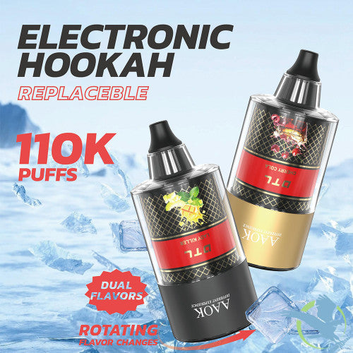 AAOK Electronic Hookah AK110K Puffs 60ML Disposable + Hookah Head With Dual Flavors & LED Screen - Display of 5