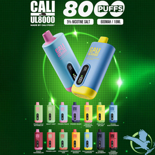 Cali UL8000 18ML 8000 Puffs 600mAh Prefilled Nicotine Salt Rechargeable Disposable Vape Device With E-Liquid & Battery LED Display Made By Cali Pods - Display of 6