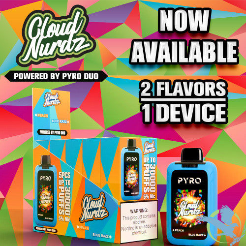 Cloud Nurdz X Pyro Duo 30K Puffs 24ML Dual Tanks Disposable Device With Four Mesh Coils & HD Screen - Display of 5