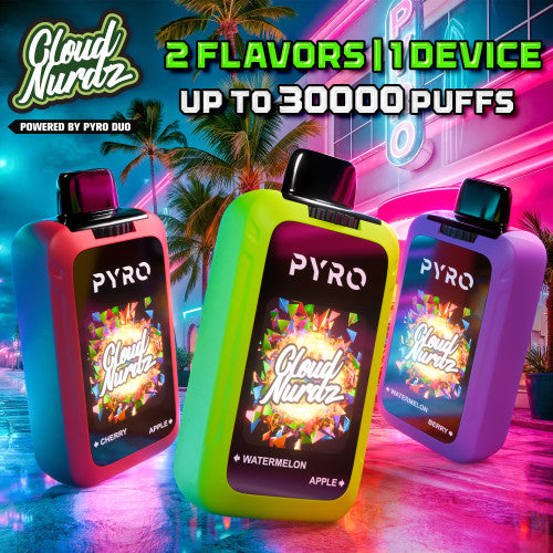 Cloud Nurdz X Pyro Duo 30K Puffs 24ML Dual Tanks Disposable Device With Four Mesh Coils & HD Screen - Display of 5