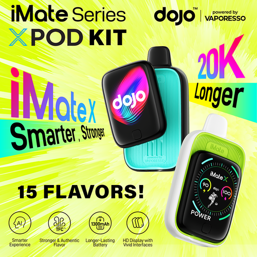 DOJO iMate X Powered By Vaporesso 20K Puffs 15ML Disposable Pod Kit With Sliding Hub & HD LCD Screen - Display of 5