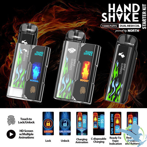 HandShake Starter Kit Powered By North 15ML 15K Puffs Smart C-Disposable Device HD Screen With Multiple Animations & Touch Button - Display of 5