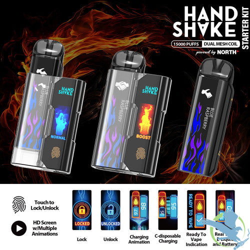 HandShake Starter Kit Powered By North 15ML 15K Puffs Smart C-Disposable Device HD Screen With Multiple Animations & Touch Button - Display of 5