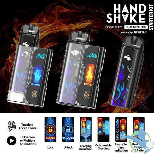 HandShake Starter Kit Powered By North 15ML 15K Puffs Smart C-Disposable Device HD Screen With Multiple Animations & Touch Button - Display of 5