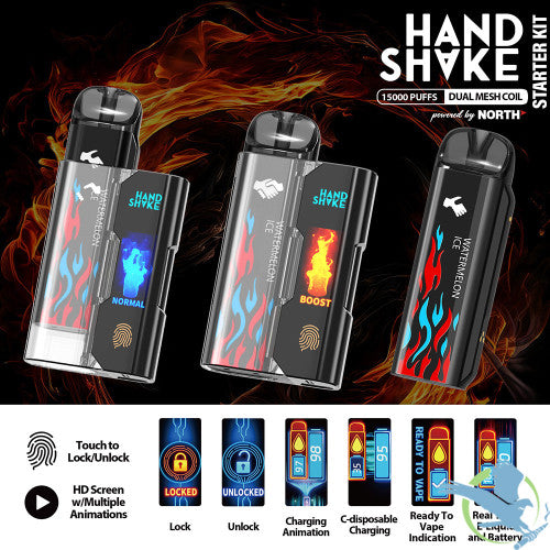 HandShake Starter Kit Powered By North 15ML 15K Puffs Smart C-Disposable Device HD Screen With Multiple Animations & Touch Button - Display of 5