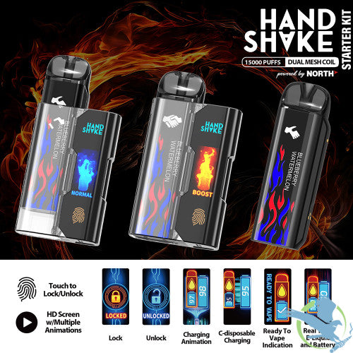HandShake Starter Kit Powered By North 15ML 15K Puffs Smart C-Disposable Device HD Screen With Multiple Animations & Touch Button - Display of 5