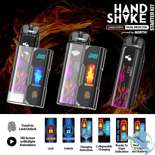 HandShake Starter Kit Powered By North 15ML 15K Puffs Smart C-Disposable Device HD Screen With Multiple Animations & Touch Button - Display of 5