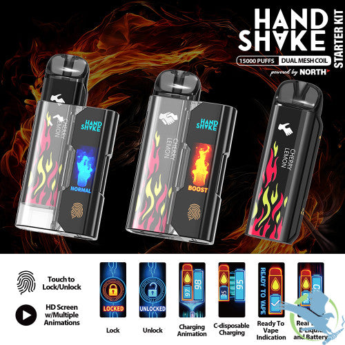 HandShake Starter Kit Powered By North 15ML 15K Puffs Smart C-Disposable Device HD Screen With Multiple Animations & Touch Button - Display of 5