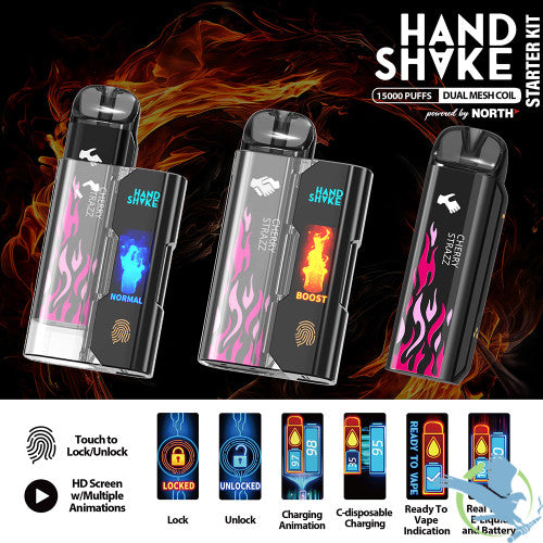 HandShake Starter Kit Powered By North 15ML 15K Puffs Smart C-Disposable Device HD Screen With Multiple Animations & Touch Button - Display of 5