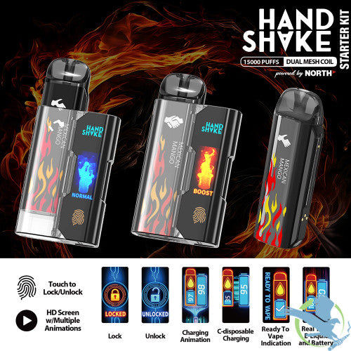 HandShake Starter Kit Powered By North 15ML 15K Puffs Smart C-Disposable Device HD Screen With Multiple Animations & Touch Button - Display of 5