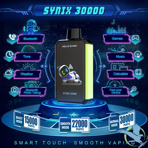 Hello Synix 30K Puffs 28ML Zero Nicotine Disposable Device With Bluetooth Connections & Smart Touch - Display of 5