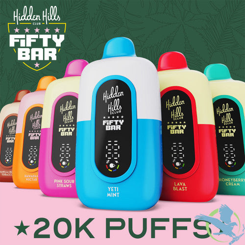Hidden Hills Club x Fifty Bar 18ML 20K Puffs Disposable Device With Always Active Boost & Adjustable Airflow - Display of 5