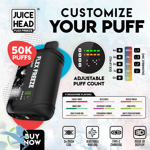 Juice Head Flex Freeze 24ML 50K Puffs Disposable Device With Ice + Nicotine Control & Mega 3D Screen - Display of 5