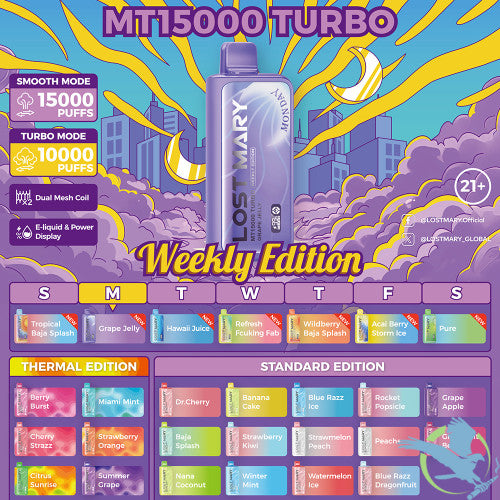 LOST MARY MT15000 Turbo 16ML 15K Puffs Disposable Pod Device With Dual Mesh Coil & Digital Screen - Display of 5