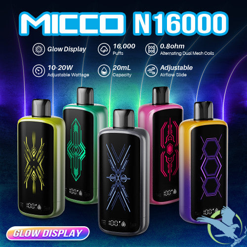 MICCO N16000 16000 Puffs 20ML 650mAh Prefilled Nicotine Salt Rechargeable Disposable With Glow Display & Power / E-liquid Screen - Display of 5
