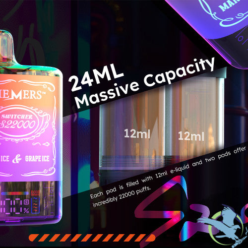 Memers Switcher S22000 Puffs 24ML Disposable Vape Device With Switchable Lid & Power Screen - Display of 5