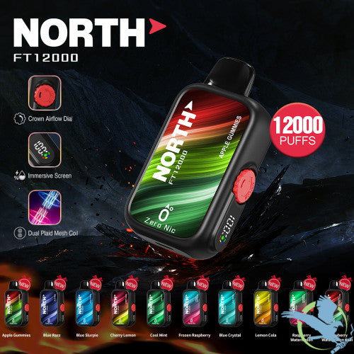 North FT12000 15ML 12000 Puffs Zero Nicotine Crown Airflow Dial Disposable Vape Device With Dual Plaid Mesh Coil & Immersive Screen - Display of 10