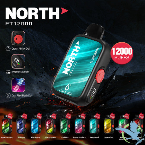 North FT12000 15ML 12000 Puffs Zero Nicotine Crown Airflow Dial Disposable Vape Device With Dual Plaid Mesh Coil & Immersive Screen - Display of 10