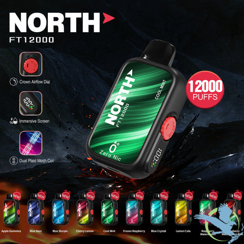 North FT12000 15ML 12000 Puffs Zero Nicotine Crown Airflow Dial Disposable Vape Device With Dual Plaid Mesh Coil & Immersive Screen - Display of 10