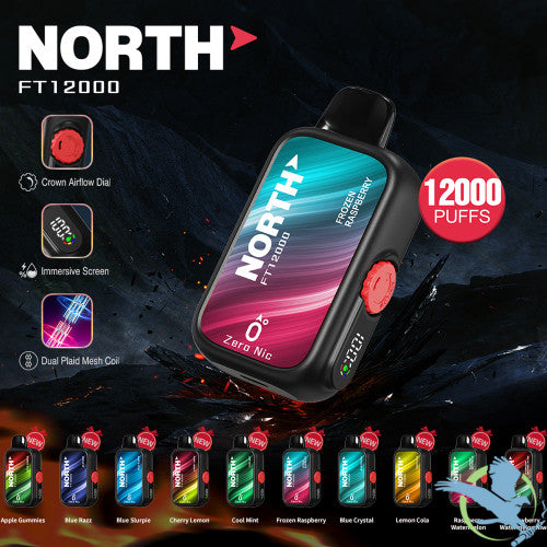 North FT12000 15ML 12000 Puffs Zero Nicotine Crown Airflow Dial Disposable Vape Device With Dual Plaid Mesh Coil & Immersive Screen - Display of 10