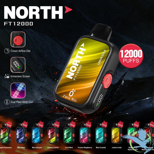 North FT12000 15ML 12000 Puffs Zero Nicotine Crown Airflow Dial Disposable Vape Device With Dual Plaid Mesh Coil & Immersive Screen - Display of 10