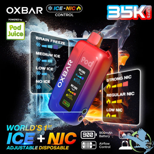 Pod Juice x OXBAR Ice + Nic Control 35K Puffs 14ML Adjustable Disposable Device With Mega Screen - Display of 5