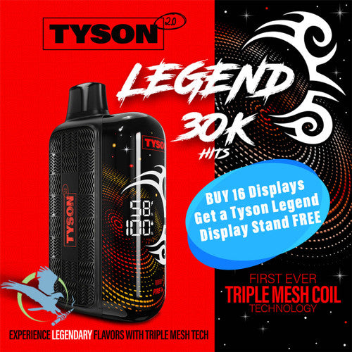 Tyson 2.0 Legend 30K Puffs 16ML Disposable Device With Triple Mesh Coil & Curved Screen With Adjustable Hit - Display of 5