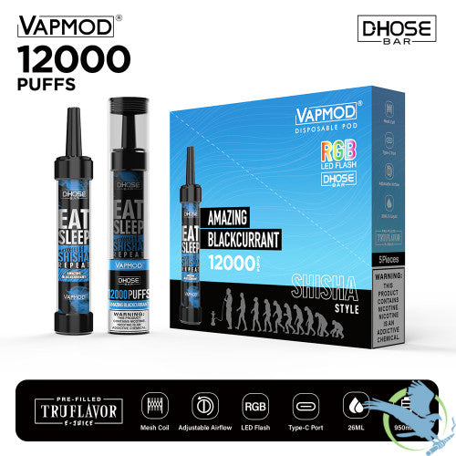 VAPMOD DHOSE BAR 26ML 12000 Puffs 950mAh Prefilled TRUFLAVOR E-JUICE 5% Nicotine Salt Rechargeable Shisha Style Disposable Pod Device With RGB LED Flash - Display of 5