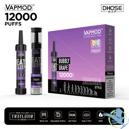 VAPMOD DHOSE BAR 26ML 12000 Puffs 950mAh Prefilled TRUFLAVOR E-JUICE 5% Nicotine Salt Rechargeable Shisha Style Disposable Pod Device With RGB LED Flash - Display of 5
