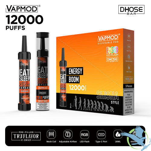 VAPMOD DHOSE BAR 26ML 12000 Puffs 950mAh Prefilled TRUFLAVOR E-JUICE 5% Nicotine Salt Rechargeable Shisha Style Disposable Pod Device With RGB LED Flash - Display of 5