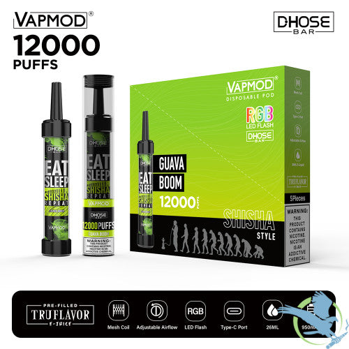 VAPMOD DHOSE BAR 26ML 12000 Puffs 950mAh Prefilled TRUFLAVOR E-JUICE 5% Nicotine Salt Rechargeable Shisha Style Disposable Pod Device With RGB LED Flash - Display of 5