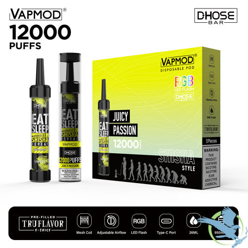 VAPMOD DHOSE BAR 26ML 12000 Puffs 950mAh Prefilled TRUFLAVOR E-JUICE 5% Nicotine Salt Rechargeable Shisha Style Disposable Pod Device With RGB LED Flash - Display of 5