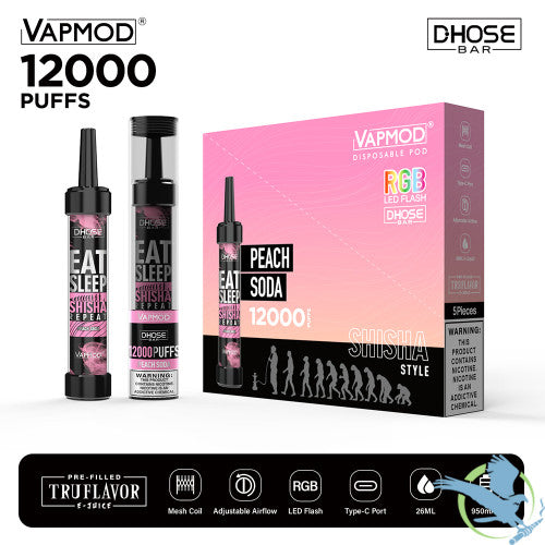 VAPMOD DHOSE BAR 26ML 12000 Puffs 950mAh Prefilled TRUFLAVOR E-JUICE 5% Nicotine Salt Rechargeable Shisha Style Disposable Pod Device With RGB LED Flash - Display of 5