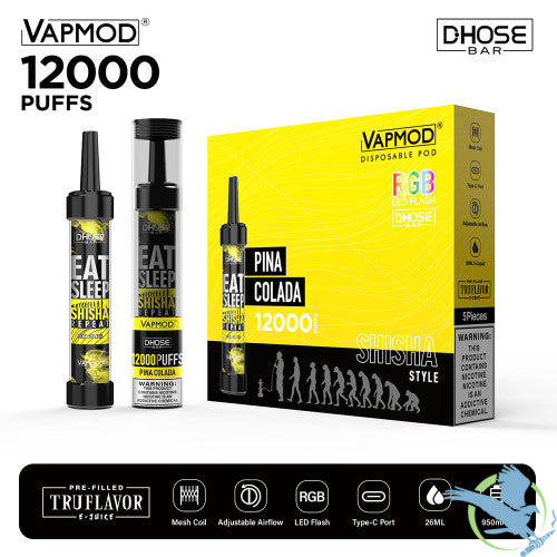 VAPMOD DHOSE BAR 26ML 12000 Puffs 950mAh Prefilled TRUFLAVOR E-JUICE 5% Nicotine Salt Rechargeable Shisha Style Disposable Pod Device With RGB LED Flash - Display of 5