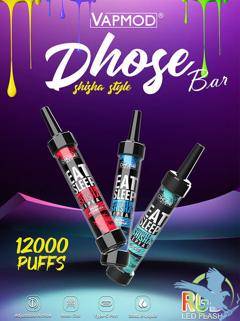 VAPMOD DHOSE BAR 26ML 12000 Puffs 950mAh Prefilled TRUFLAVOR E-JUICE 5% Nicotine Salt Rechargeable Shisha Style Disposable Pod Device With RGB LED Flash - Display of 5