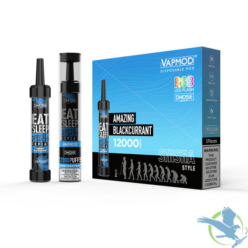 VAPMOD DHOSE BAR 26ML 12000 Puffs 950mAh Prefilled TRUFLAVOR E-JUICE Nicotine Salt Rechargeable Shisha Style Disposable Pod Device With RGB LED Flash - Display of 5