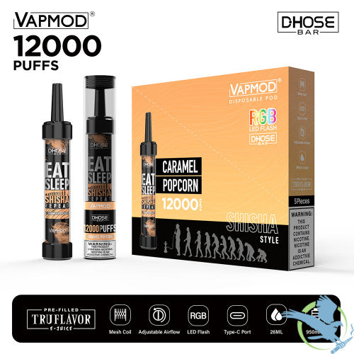 VAPMOD DHOSE BAR 26ML 12000 Puffs 950mAh Prefilled TRUFLAVOR E-JUICE Nicotine Salt Rechargeable Shisha Style Disposable Pod Device With RGB LED Flash - Display of 5