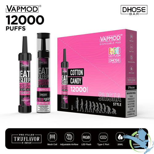 VAPMOD DHOSE BAR 26ML 12000 Puffs 950mAh Prefilled TRUFLAVOR E-JUICE Nicotine Salt Rechargeable Shisha Style Disposable Pod Device With RGB LED Flash - Display of 5