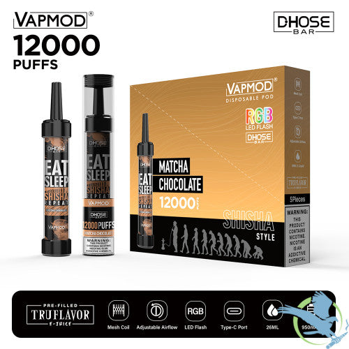 VAPMOD DHOSE BAR 26ML 12000 Puffs 950mAh Prefilled TRUFLAVOR E-JUICE Nicotine Salt Rechargeable Shisha Style Disposable Pod Device With RGB LED Flash - Display of 5