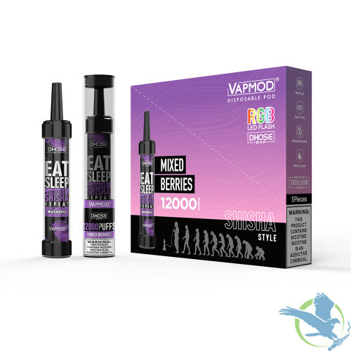 VAPMOD DHOSE BAR 26ML 12000 Puffs 950mAh Prefilled TRUFLAVOR E-JUICE Nicotine Salt Rechargeable Shisha Style Disposable Pod Device With RGB LED Flash - Display of 5