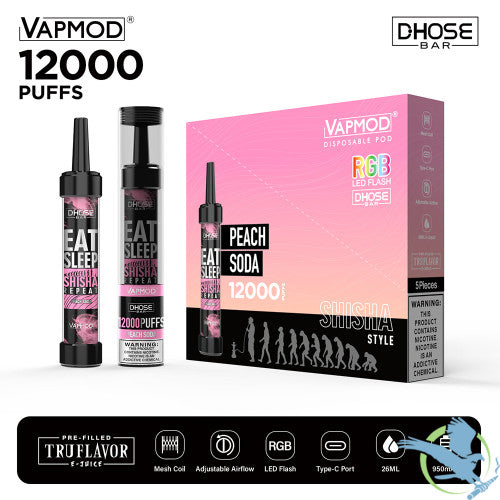 VAPMOD DHOSE BAR 26ML 12000 Puffs 950mAh Prefilled TRUFLAVOR E-JUICE Nicotine Salt Rechargeable Shisha Style Disposable Pod Device With RGB LED Flash - Display of 5