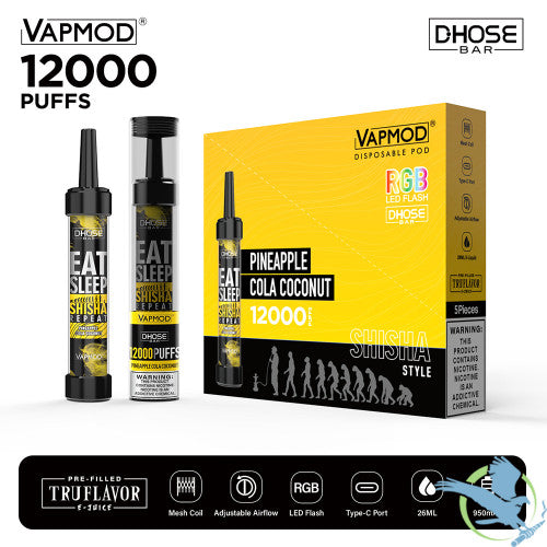 VAPMOD DHOSE BAR 26ML 12000 Puffs 950mAh Prefilled TRUFLAVOR E-JUICE Nicotine Salt Rechargeable Shisha Style Disposable Pod Device With RGB LED Flash - Display of 5