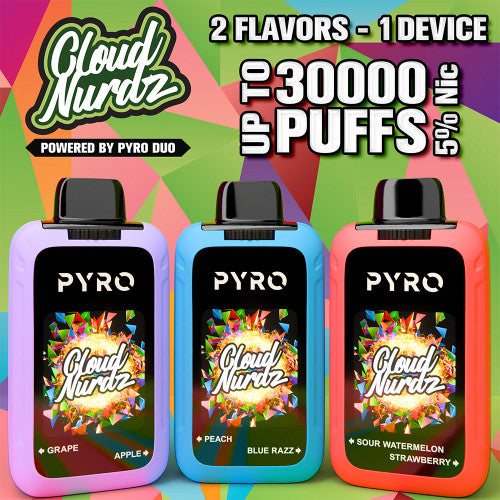 Cloud Nurdz X Pyro Duo 30K Puffs 24ML Dual Tanks Disposable Device With Four Mesh Coils & HD Screen - Display of 5